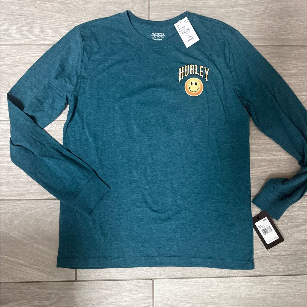 Hurley Teal Long-Sleeve Crew with Smiley Chest Graphic
